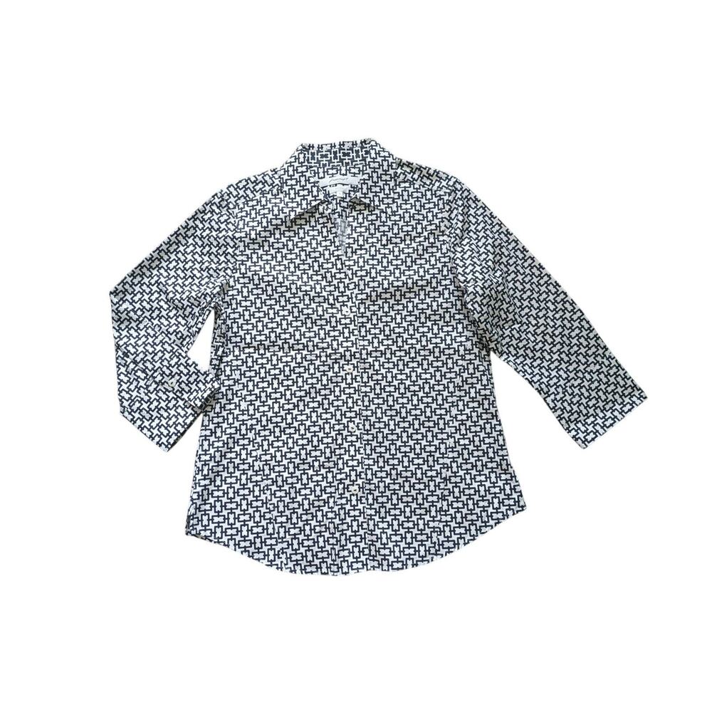 Foxcroft Easy Care Button Down Top Womens S White-Black Cotton Coastal Grandma